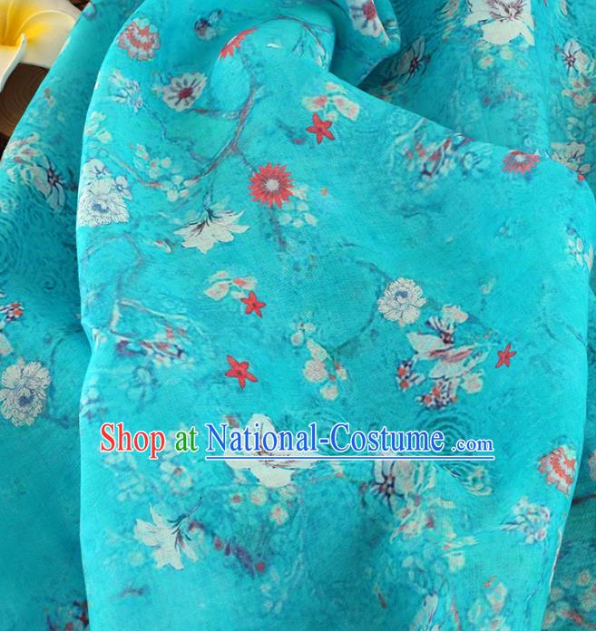 Chinese Traditional Flowers Design Pattern Blue Ramie Fabric Cheongsam Ramee Drapery