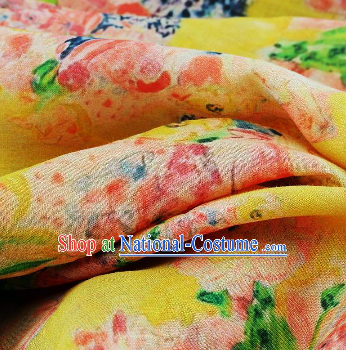 Chinese Traditional Flowers Design Pattern Yellow Ramie Fabric Cheongsam Ramee Drapery