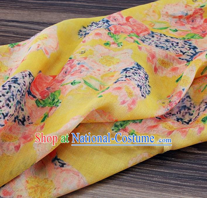 Chinese Traditional Flowers Design Pattern Yellow Ramie Fabric Cheongsam Ramee Drapery