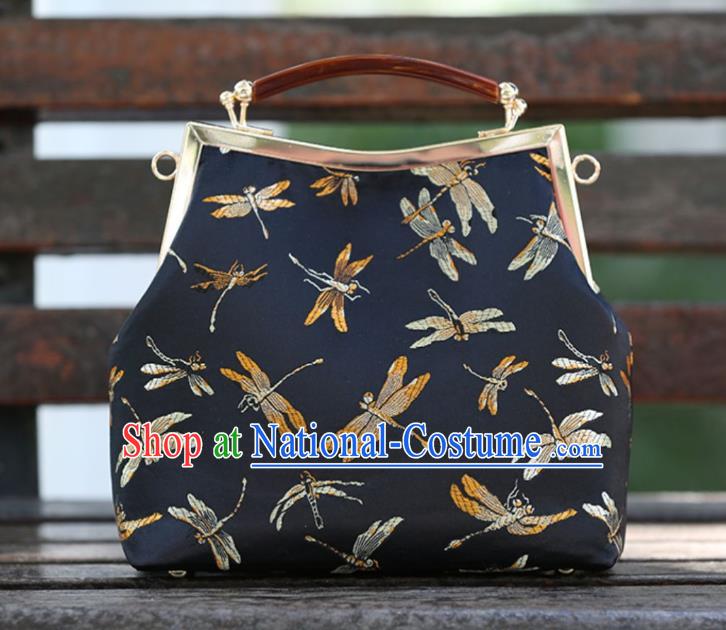 Chinese Traditional Dragonfly Pattern Black Brocade Bag Handmade Cheongsam Handbag for Women