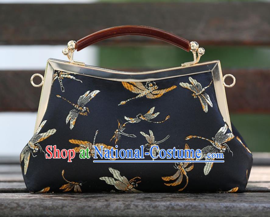 Chinese Traditional Dragonfly Pattern Black Brocade Bag Handmade Cheongsam Short Handbag for Women