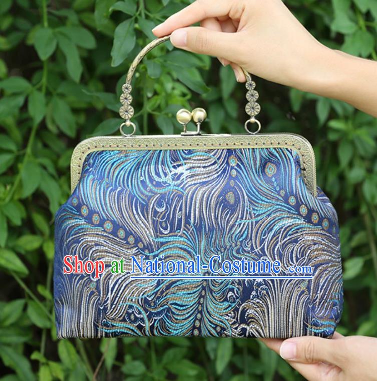 Chinese Traditional Feather Pattern Blue Brocade Bag Handmade Cheongsam Handbag for Women