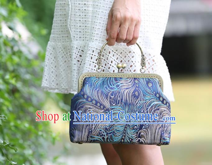 Chinese Traditional Feather Pattern Blue Brocade Bag Handmade Cheongsam Handbag for Women