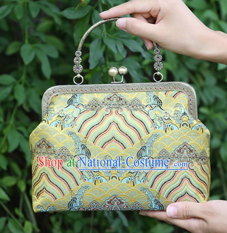 Chinese Traditional Wave Pattern Yellow Brocade Bag Handmade Cheongsam Handbag for Women