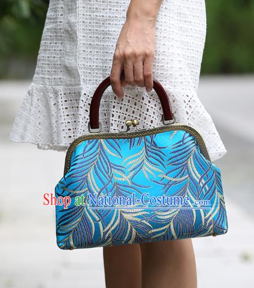 Chinese Traditional Feather Pattern Blue Brocade Bag Handmade Cheongsam Silk Handbag for Women