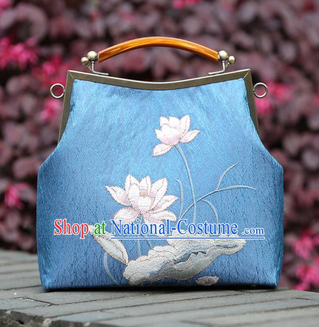 Chinese Traditional Embroidered Lotus Pattern Blue Brocade Bag Handmade Cheongsam Silk Handbag for Women