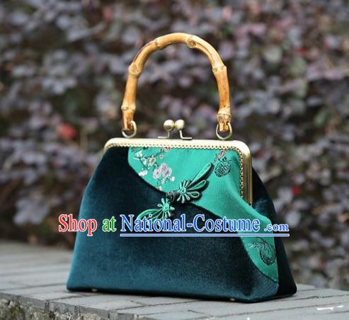 Chinese Traditional Plum Blossom Pattern Green Brocade Bag Handmade Cheongsam Pleuche Handbag for Women