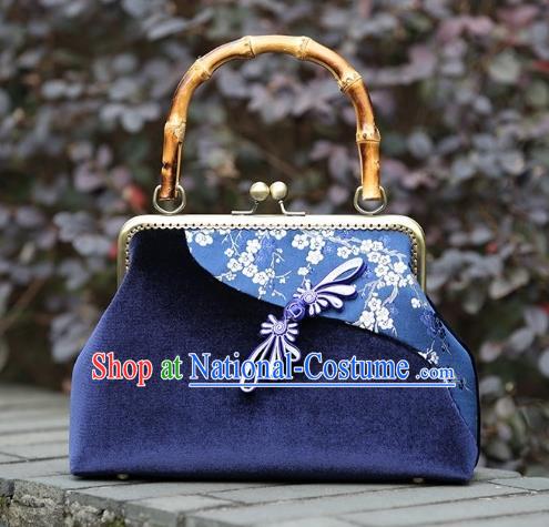 Chinese Traditional Plum Blossom Pattern Royalblue Brocade Bag Handmade Cheongsam Pleuche Handbag for Women