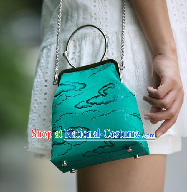 Chinese Traditional Cloud Pattern Green Brocade Bag Handmade Cheongsam Silk Handbag for Women