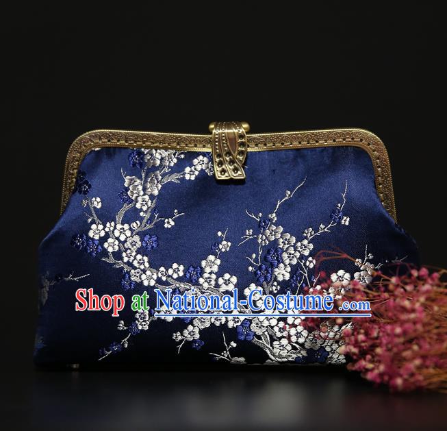 Chinese Traditional Plum Blossom Pattern Deep Blue Brocade Bag Handmade Cheongsam Silk Handbag for Women