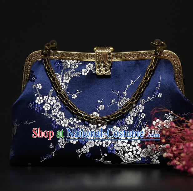 Chinese Traditional Plum Blossom Pattern Deep Blue Brocade Bag Handmade Cheongsam Silk Handbag for Women