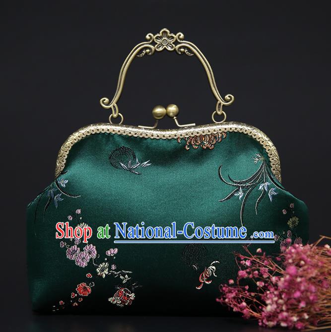 Chinese Traditional Plum Orchid Bamboo Chrysanthemum Pattern Deep Green Brocade Bag Handmade Cheongsam Silk Handbag for Women