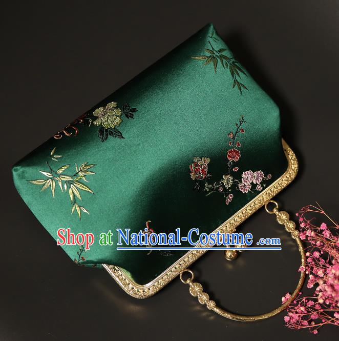 Chinese Traditional Plum Bamboo Peony Pattern Deep Green Brocade Bag Handmade Cheongsam Silk Handbag for Women