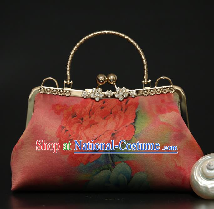 Chinese Traditional Peony Pattern Pink Brocade Bag Handmade Cheongsam Silk Handbag for Women