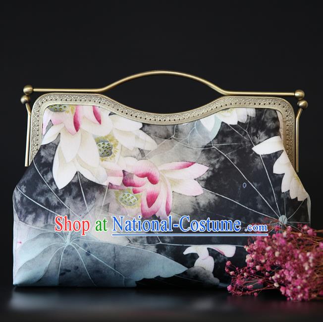 Chinese Traditional Lotus Pattern Grey Brocade Bag Handmade Cheongsam Silk Handbag for Women