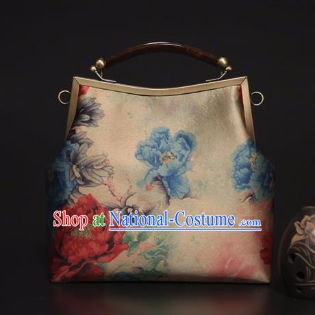 Chinese Traditional Peony Pattern Beige Brocade Bag Handmade Cheongsam Silk Handbag for Women