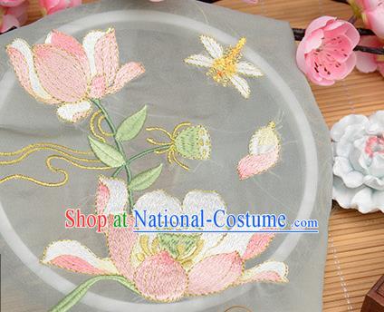 Chinese Traditional Embroidered Lotus Light Grey Chiffon Applique Accessories Embroidery Patch