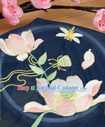 Chinese Traditional Embroidered Lotus Navy Chiffon Applique Accessories Embroidery Patch