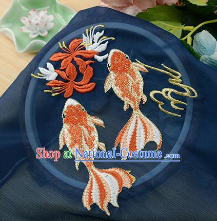 Chinese Traditional Embroidered Goldfish Navy Chiffon Applique Accessories Embroidery Patch