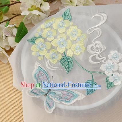 Chinese Traditional Embroidered Hydrangea Butterfly White Chiffon Applique Accessories Embroidery Patch