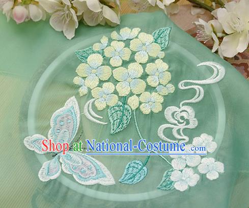 Chinese Traditional Embroidered Hydrangea Butterfly Green Chiffon Applique Accessories Embroidery Patch