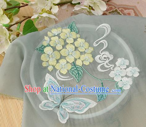 Chinese Traditional Embroidered Hydrangea Butterfly Light Grey Chiffon Applique Accessories Embroidery Patch