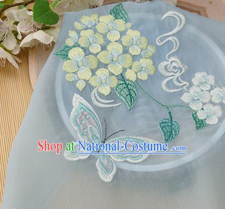 Chinese Traditional Embroidered Hydrangea Butterfly Light Blue Chiffon Applique Accessories Embroidery Patch