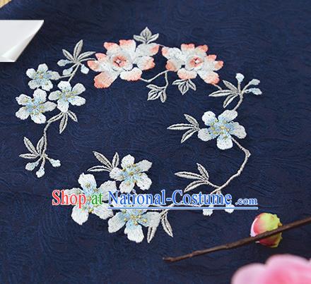 Chinese Traditional Embroidered Plum Lotus Navy Silk Applique Accessories Embroidery Patch