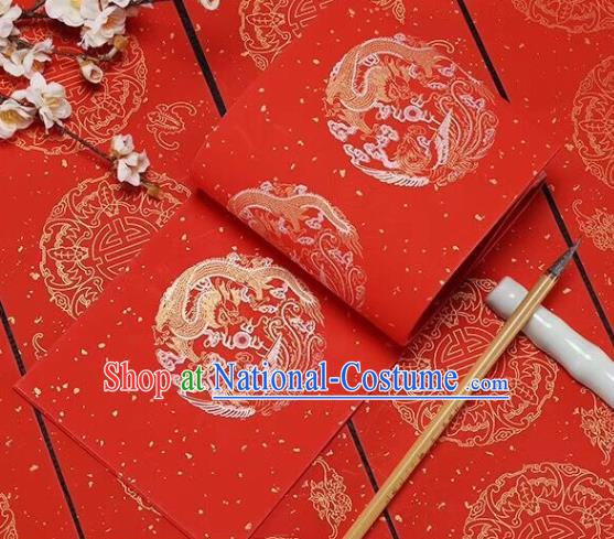 Chinese Traditional Dragon Phoenix Pattern Calligraphy Red Art Paper Handmade New Year Couplet Writing Xuan Paper