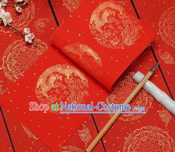 Chinese Traditional Phoenix Dragon Pattern Calligraphy Red Art Paper Handmade New Year Couplet Writing Xuan Paper