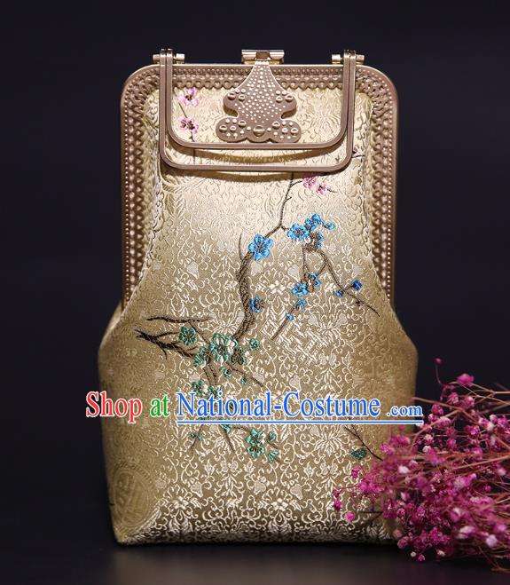 Chinese Traditional Plum Blossom Pattern Golden Brocade Bag Handmade Cheongsam Silk Handbag for Women