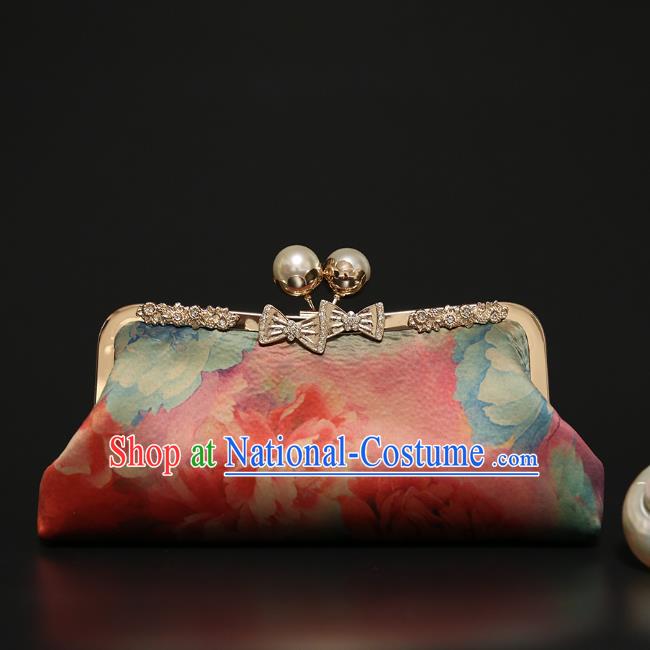 Chinese Traditional Peony Pattern Pink Brocade Bag Handmade Cheongsam Silk Handbag for Women