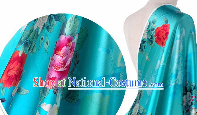 Chinese Classical Magnolia Pattern Design Blue Silk Fabric Asian Traditional Hanfu Mulberry Silk Material