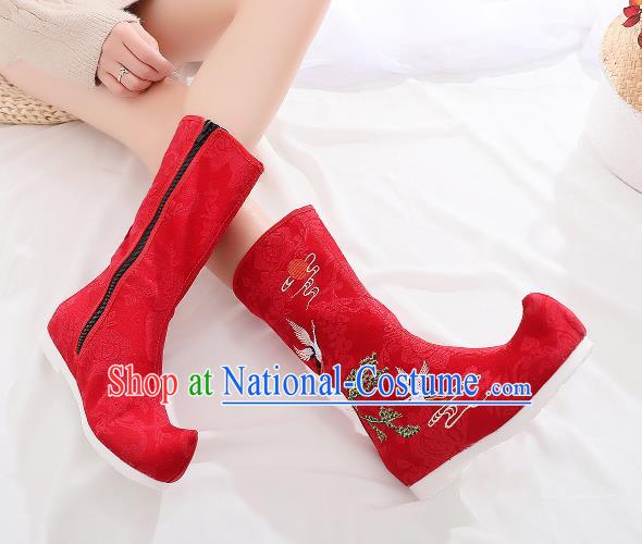 Traditional Chinese Kung Fu Red Boots Opera Shoes Hanfu Shoes Embroidered Crane Boots for Women