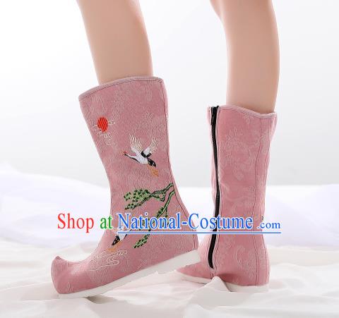 Traditional Chinese Kung Fu Pink Boots Opera Shoes Hanfu Shoes Embroidered Crane Boots for Women