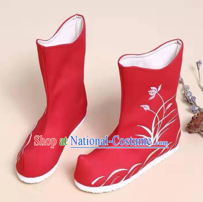 Traditional Chinese Embroidered Orchid Red Boots Kung Fu Boots Opera Shoes Hanfu Shoes for Women