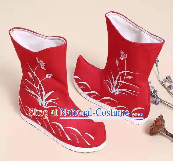 Traditional Chinese Embroidered Orchid Red Boots Kung Fu Boots Opera Shoes Hanfu Shoes for Women