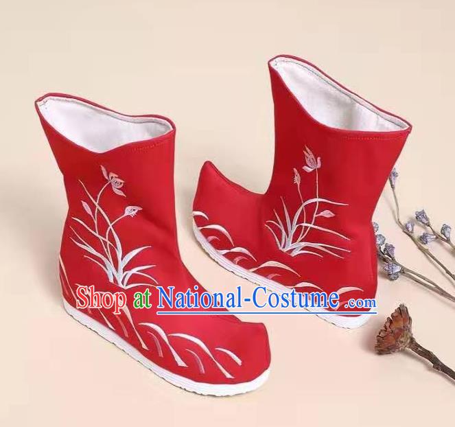 Traditional Chinese Embroidered Orchid Red Boots Kung Fu Boots Opera Shoes Hanfu Shoes for Women