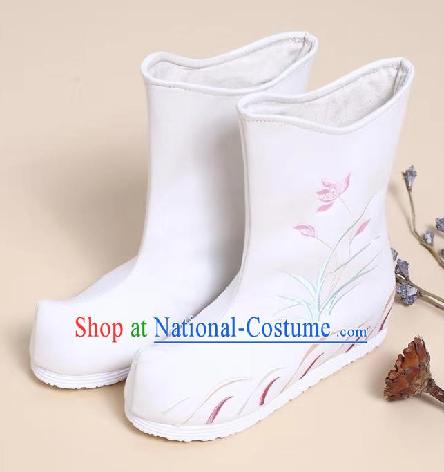 Traditional Chinese Embroidered Orchid White Boots Kung Fu Boots Opera Shoes Hanfu Shoes for Women