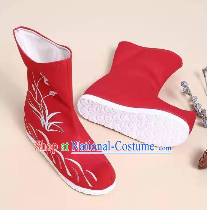 Traditional Chinese Embroidered Orchid Red Boots Kung Fu Boots Opera Shoes Hanfu Shoes for Women