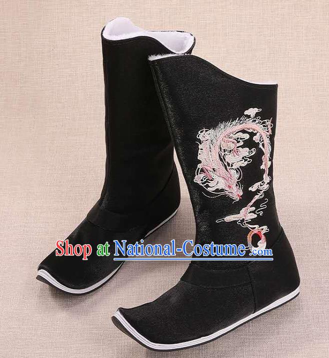 Traditional Chinese Embroidered Dragon Black Boots Kung Fu Boots Opera Shoes Hanfu Shoes for Women