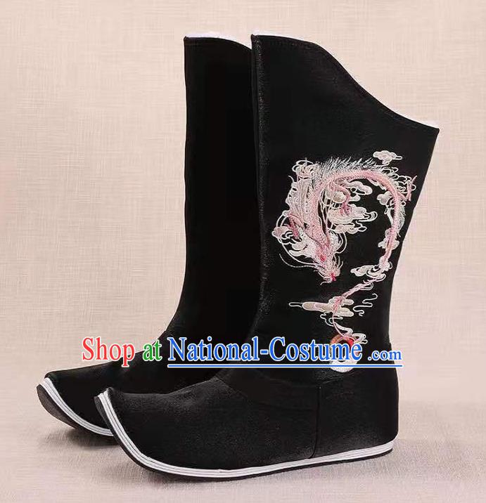 Traditional Chinese Embroidered Dragon Black Boots Kung Fu Boots Opera Shoes Hanfu Shoes for Women