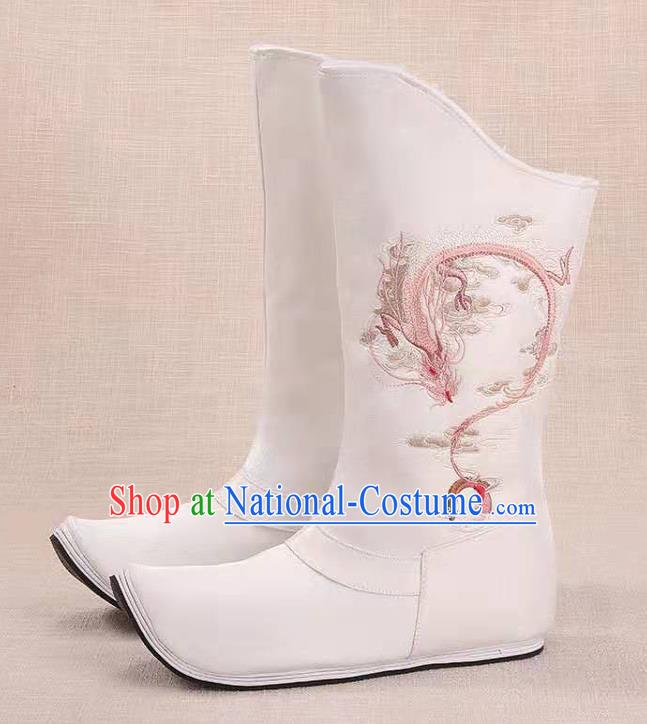 Traditional Chinese Embroidered Dragon White Boots Kung Fu Boots Opera Shoes Hanfu Shoes for Women