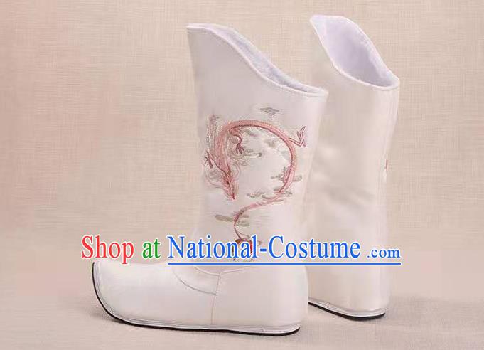 Traditional Chinese Embroidered Dragon White Boots Kung Fu Boots Opera Shoes Hanfu Shoes for Women