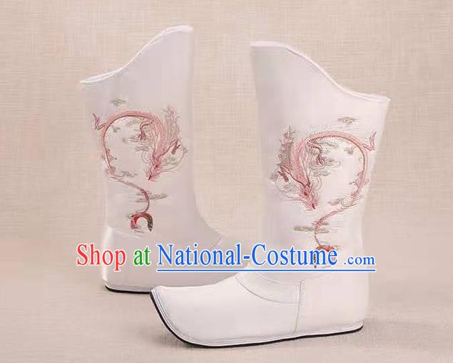 Traditional Chinese Embroidered Dragon White Boots Kung Fu Boots Opera Shoes Hanfu Shoes for Women