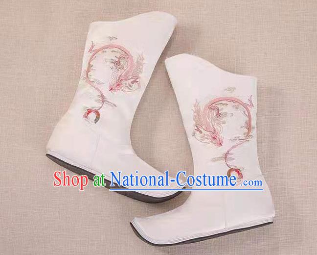 Traditional Chinese Embroidered Dragon White Boots Kung Fu Boots Opera Shoes Hanfu Shoes for Women