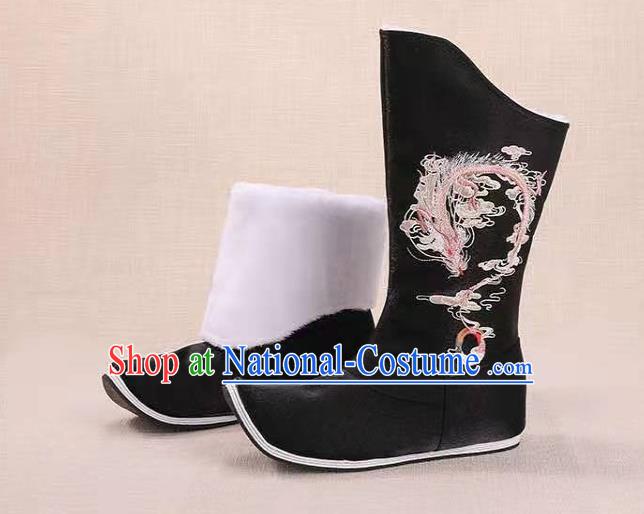 Traditional Chinese Embroidered Dragon Black Boots Kung Fu Boots Opera Shoes Hanfu Shoes for Women