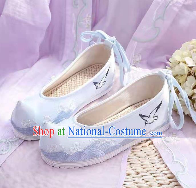 Chinese Embroidered Sea Gull Blue Shoes Hanfu Shoes Women Shoes Opera Shoes Princess Shoes