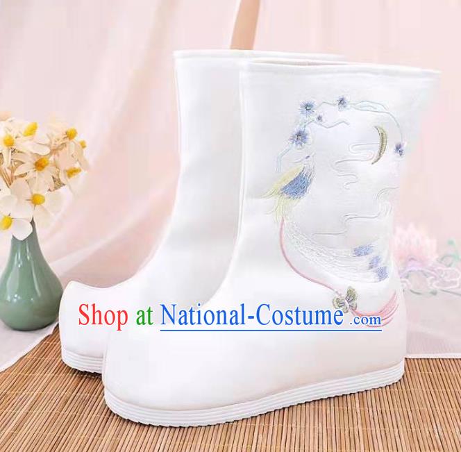 Traditional Chinese Embroidered Bird White Boots Kung Fu Boots Opera Shoes Hanfu Shoes for Women