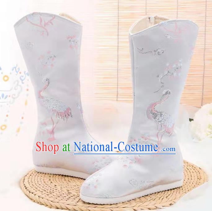 Chinese Kung Fu Boots Opera Shoes Hanfu Shoes Embroidered Crane White Boots for Women